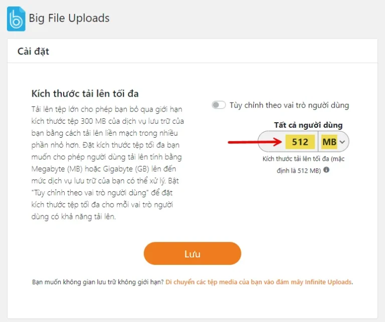 Plugin Big File Uploads thiết lập